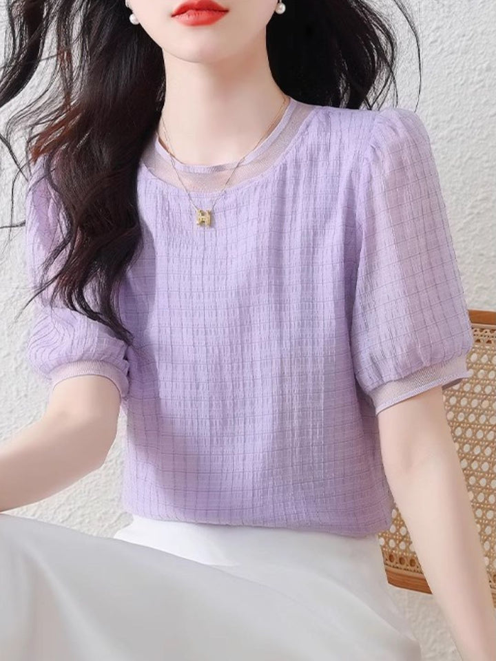 Round Neck Plaid Chiffon Shirt - Pink