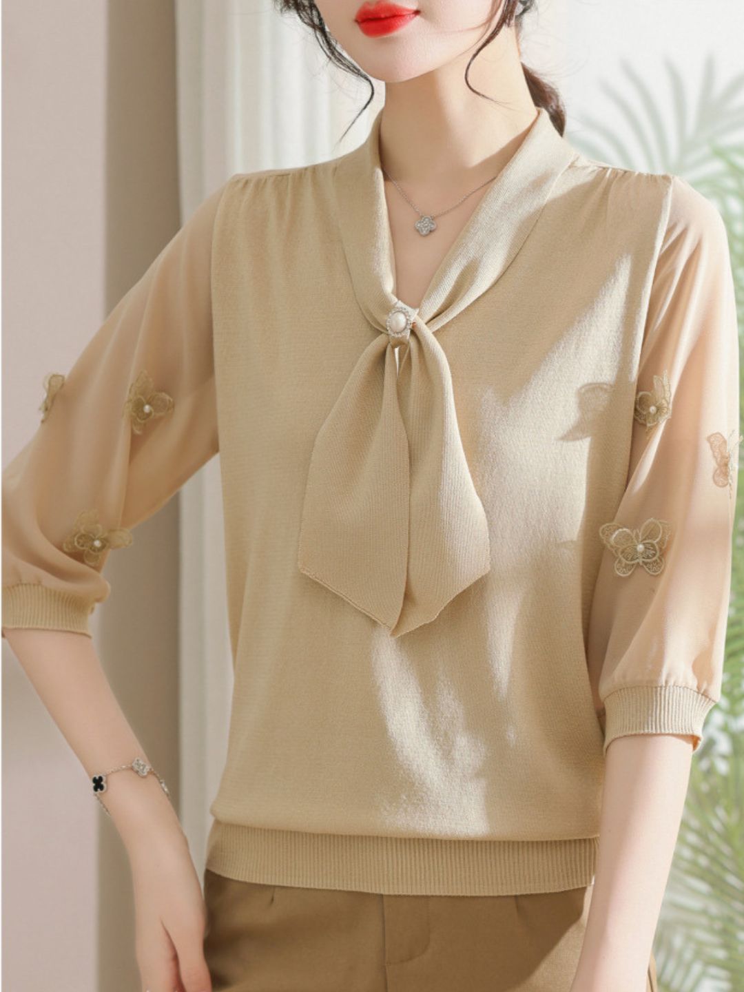 Ribbon Scarf Collar Gauze Sleeve Knitted Top