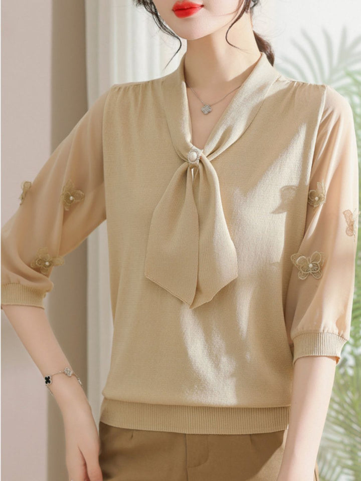 Ribbon Scarf Collar Gauze Sleeve Knitted Top