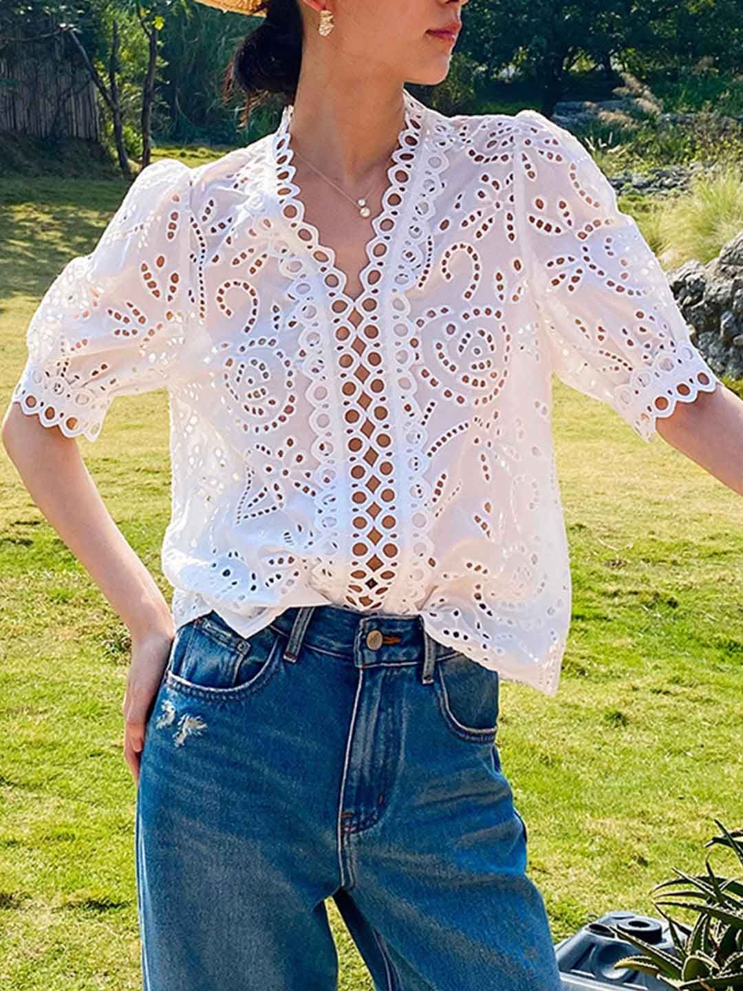 Classic V-neck Embroidered Top