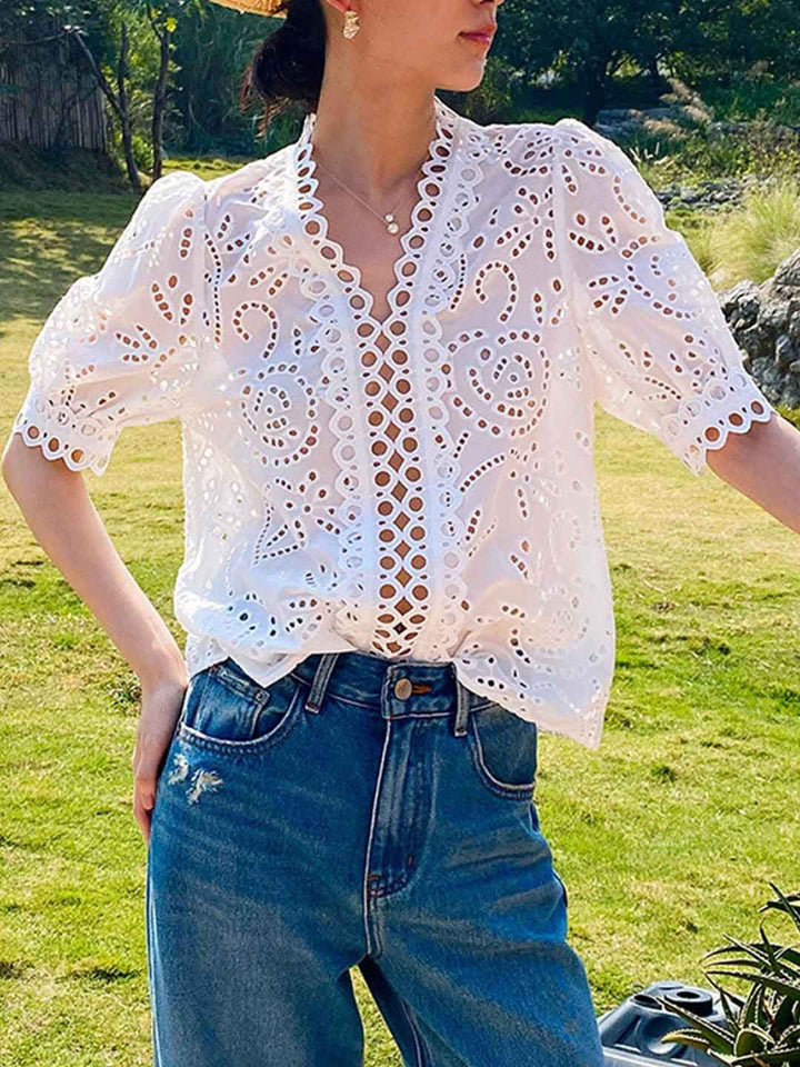 Classic V-neck Embroidered Top