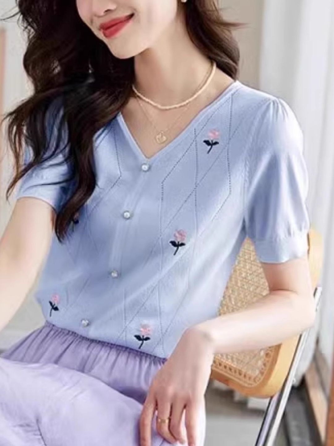 V-Neck Knitted Top With Hollow Embroidery