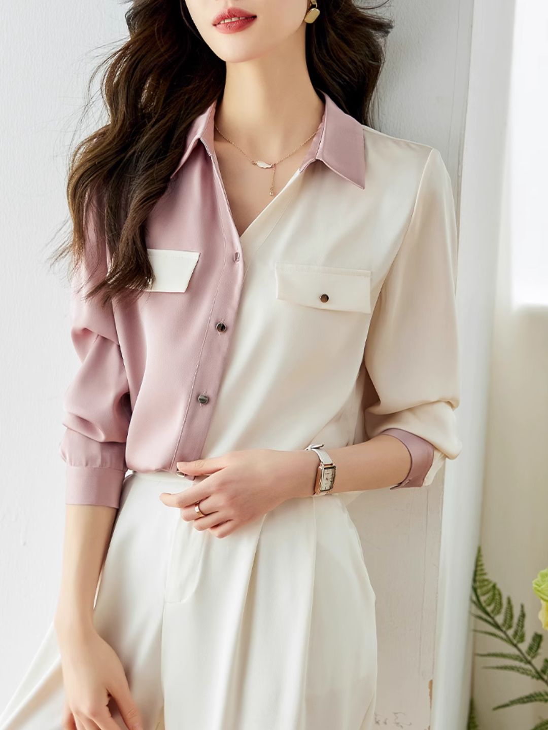 Versatile Contrast Color Shirt-Green