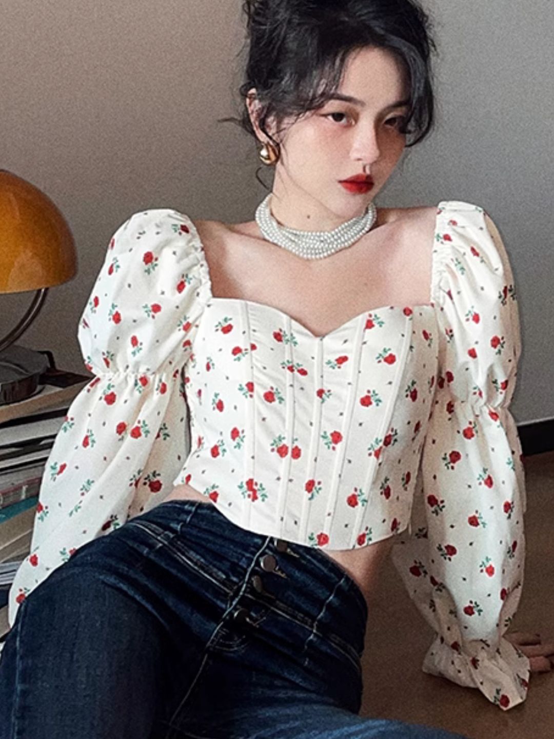 Square Collar Floral Short Shirt Puff Sleeve Top