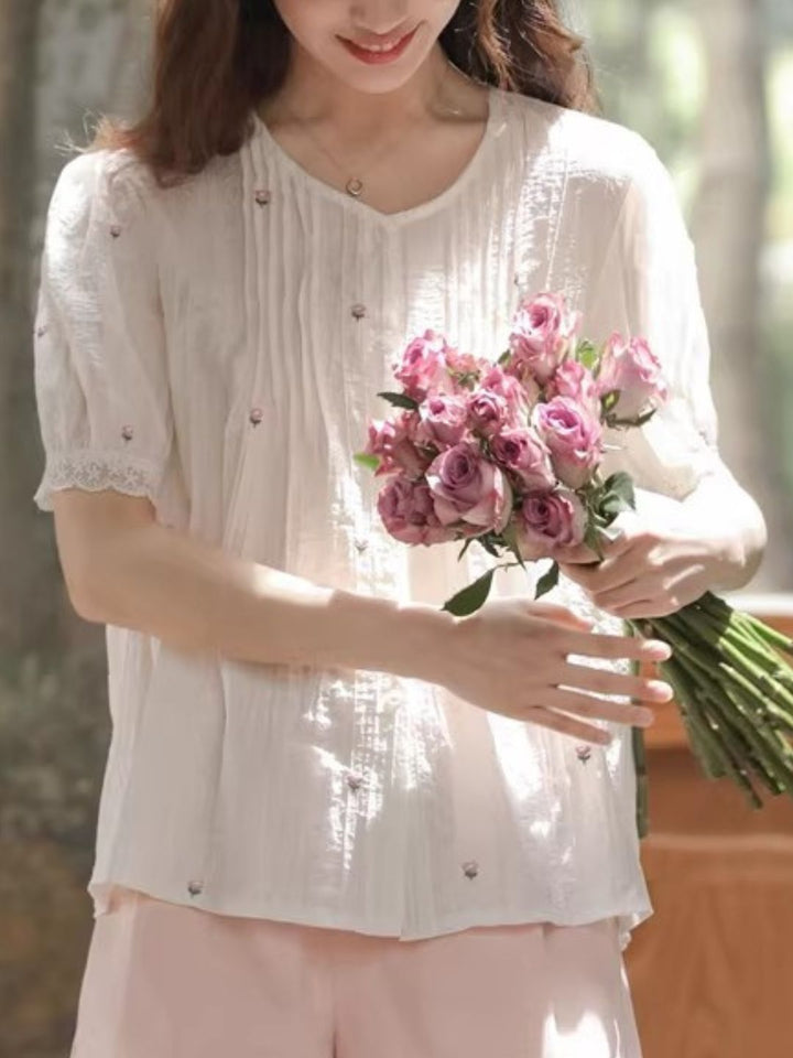 Round Neck Puff Short Sleeve Shirt