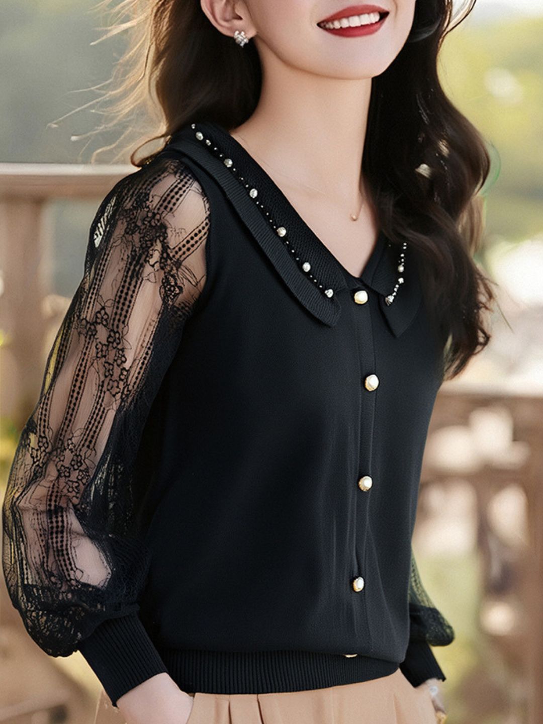 V-Neck Lace Sleeve Knitted Top