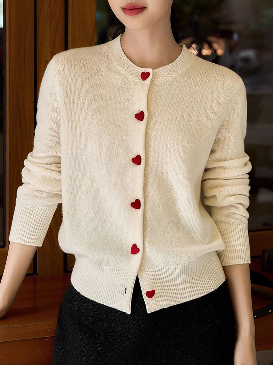 Elegant Crew Neck Heart Button Knitted Cardigan