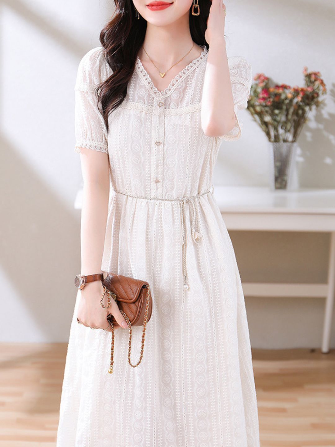 V-Neck Beige Lace Dress