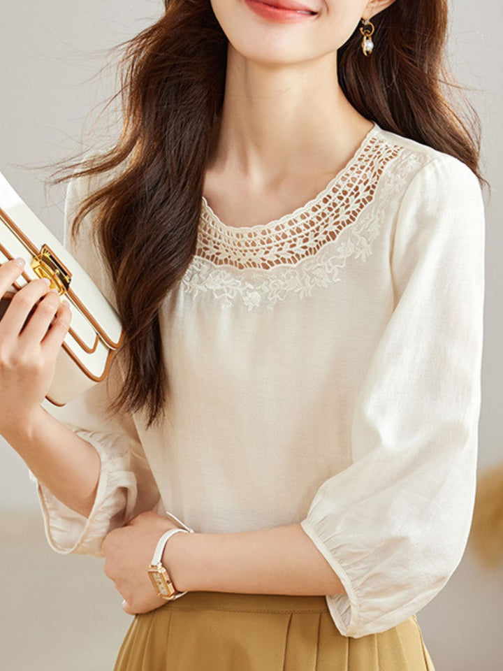 Retro Round Neck Solid Color Hollow Top