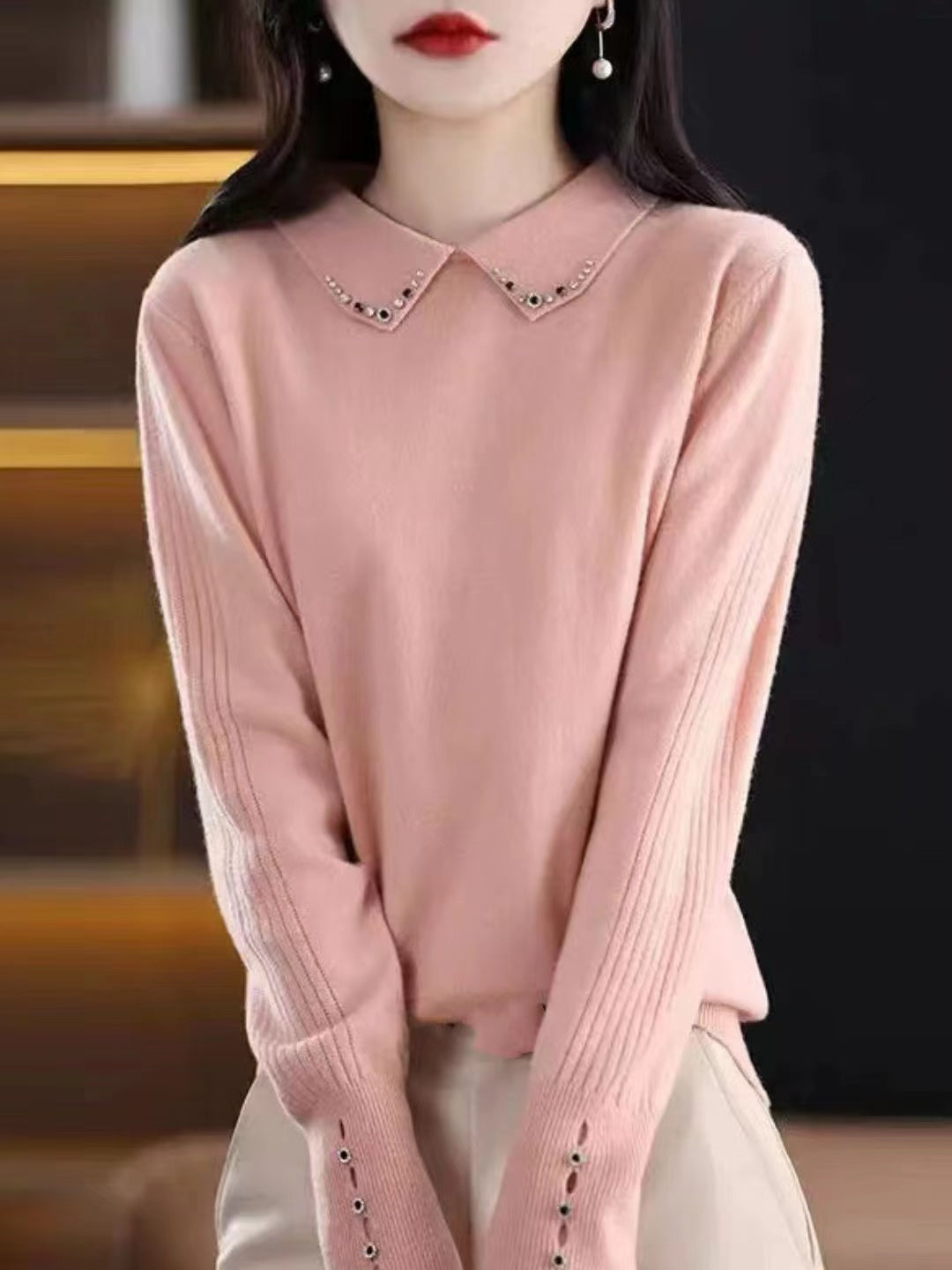 Lapel Beaded Button Sweater