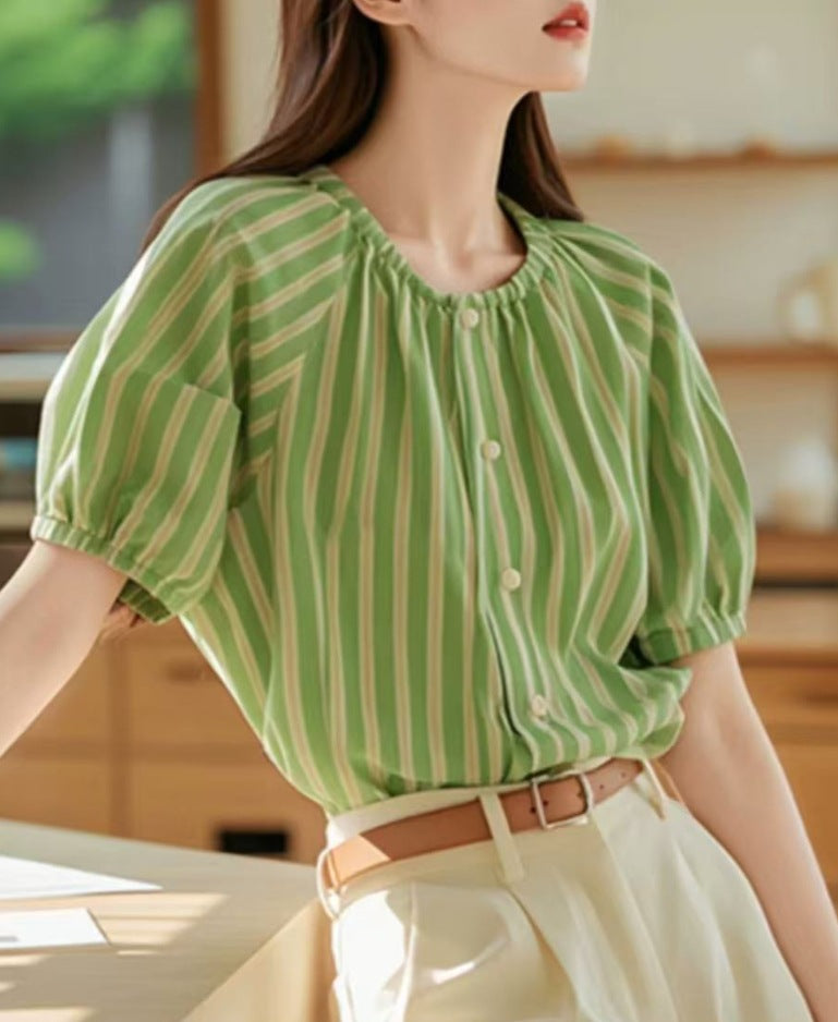 Vintage Green Striped Crew Neck Top