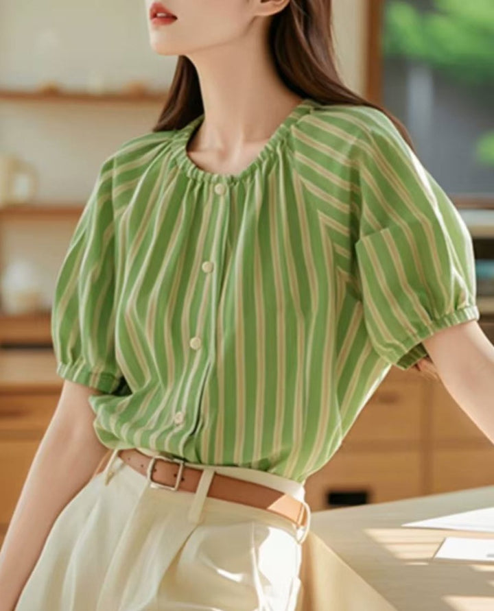 Vintage Green Striped Crew Neck Top