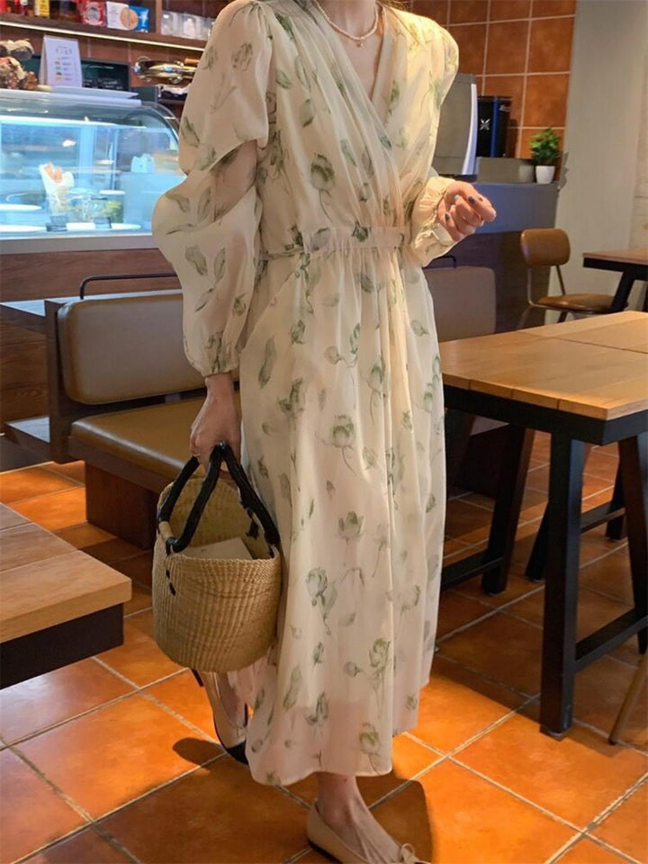 Women's Green Flower V-neck Chiffon Print Dress