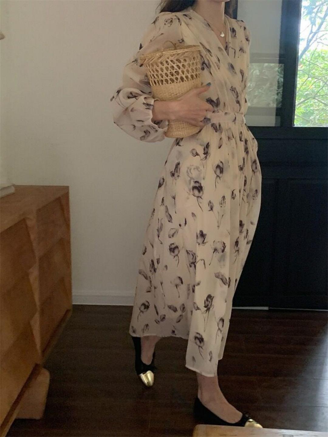 Women's Green Flower V-neck Chiffon Print Dress