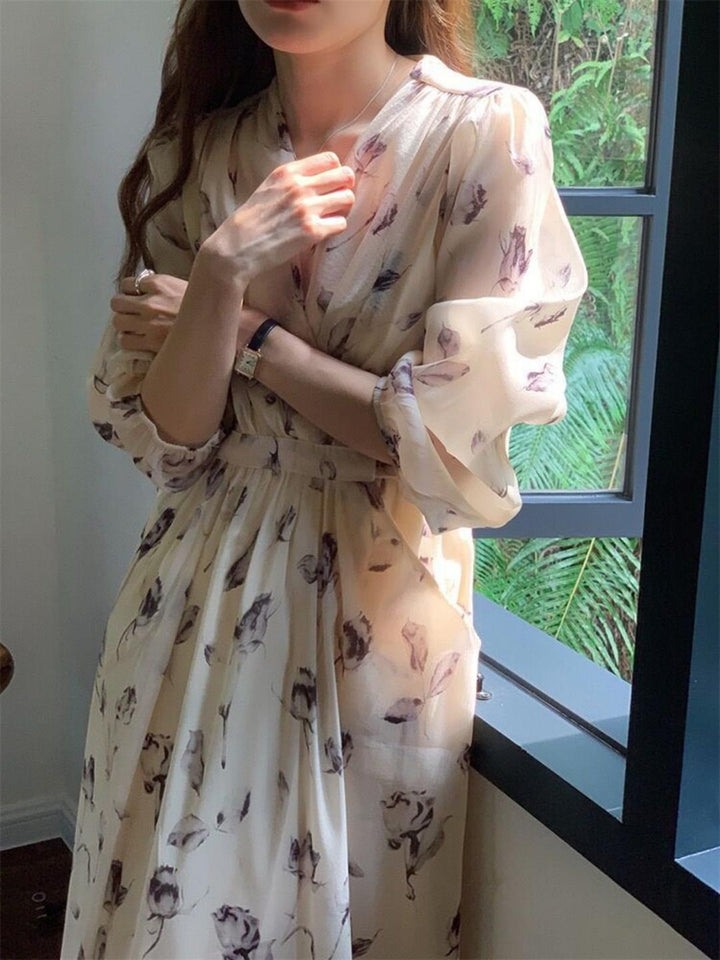 Women's Green Flower V-neck Chiffon Print Dress