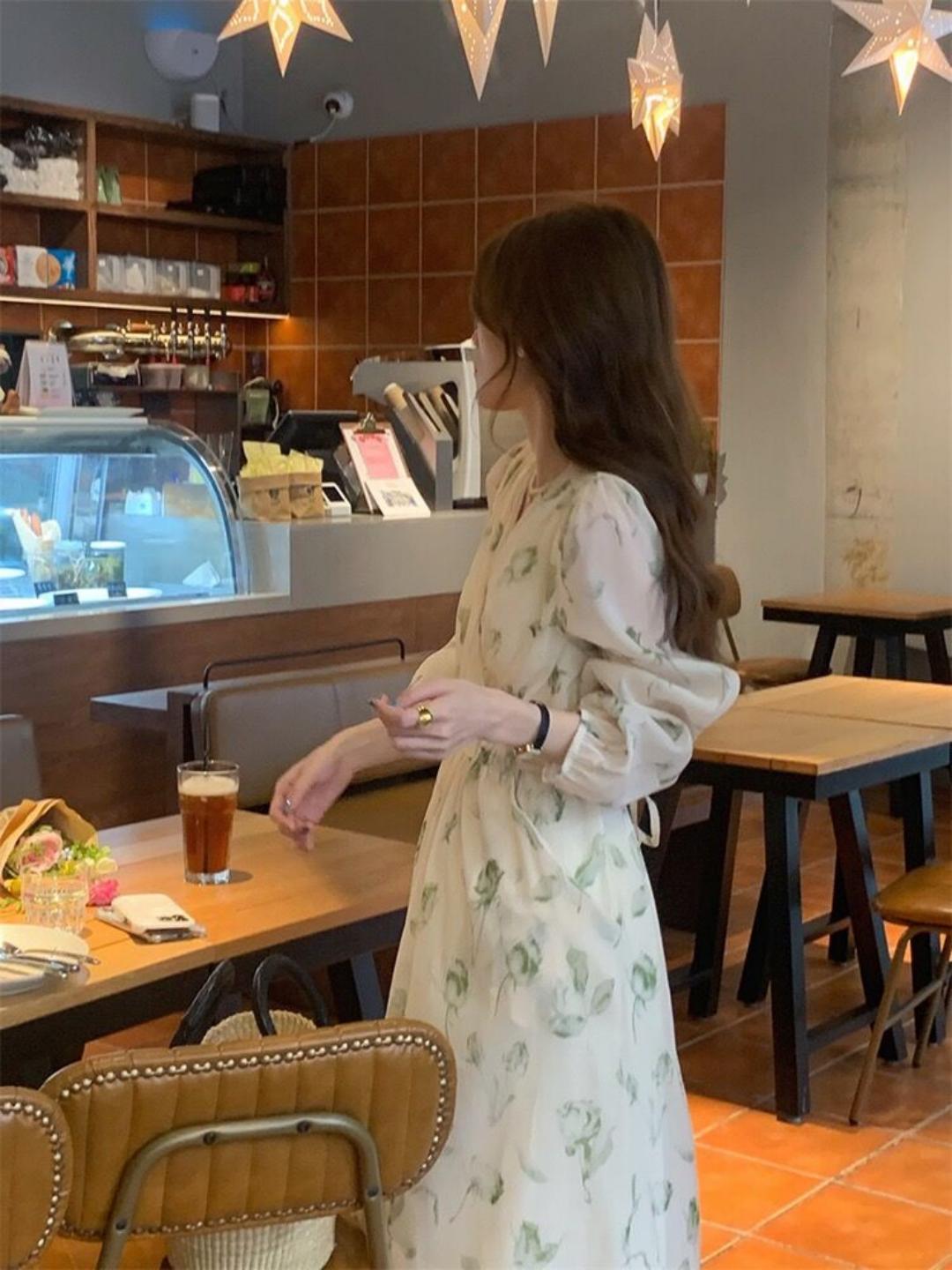 Women's Green Flower V-neck Chiffon Print Dress