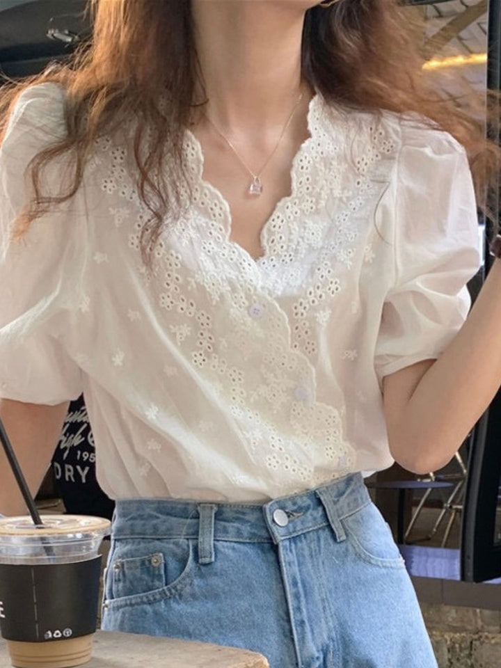 V-neck Embroidered Lace Shirt