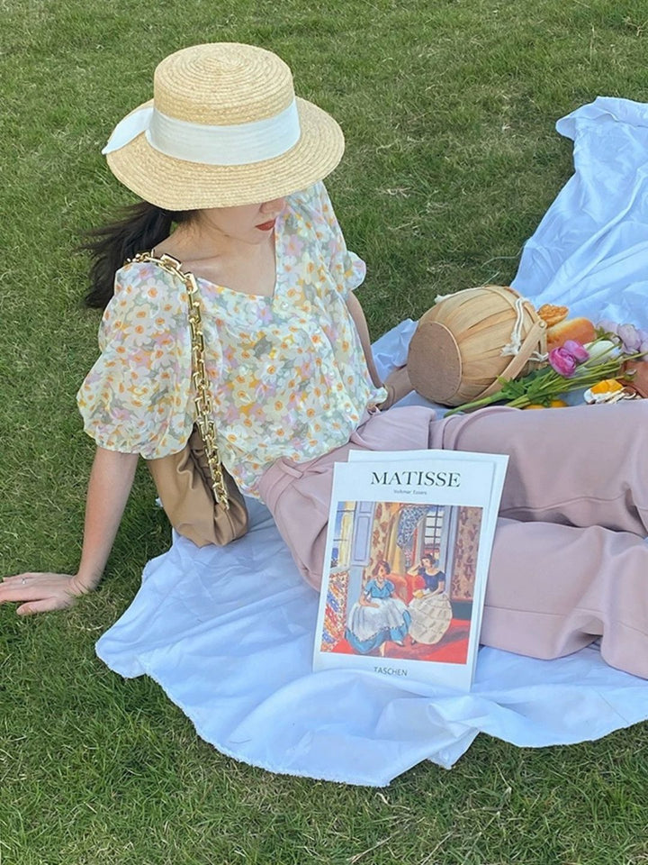 Purple V-neck Puff Sleeve Short Sleeves