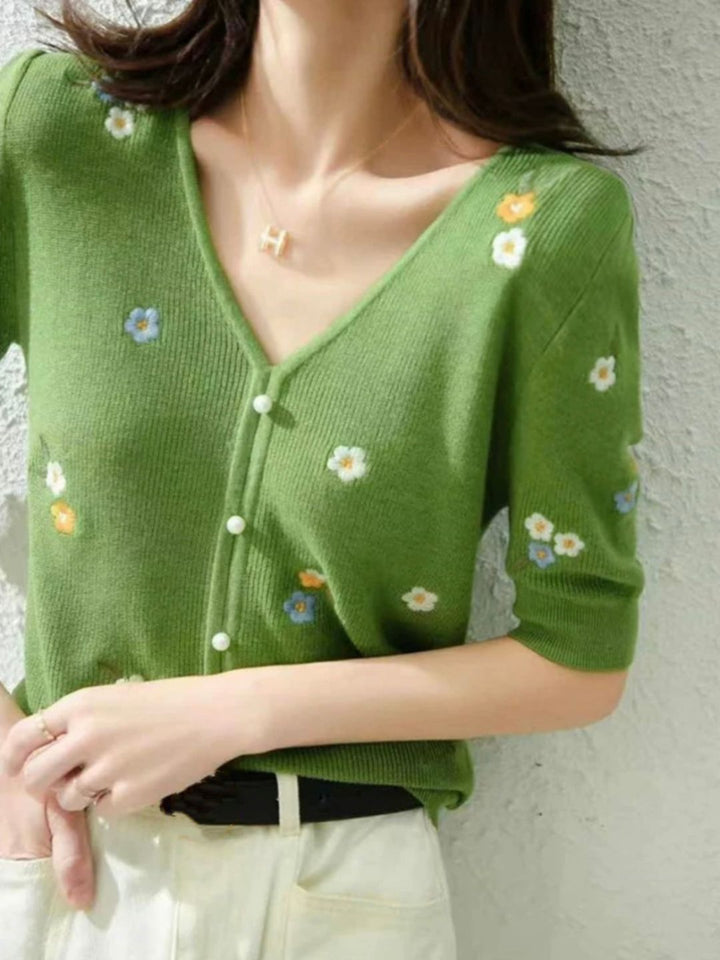 Embroidered Flower Knitted V-neck T-shirt - Green