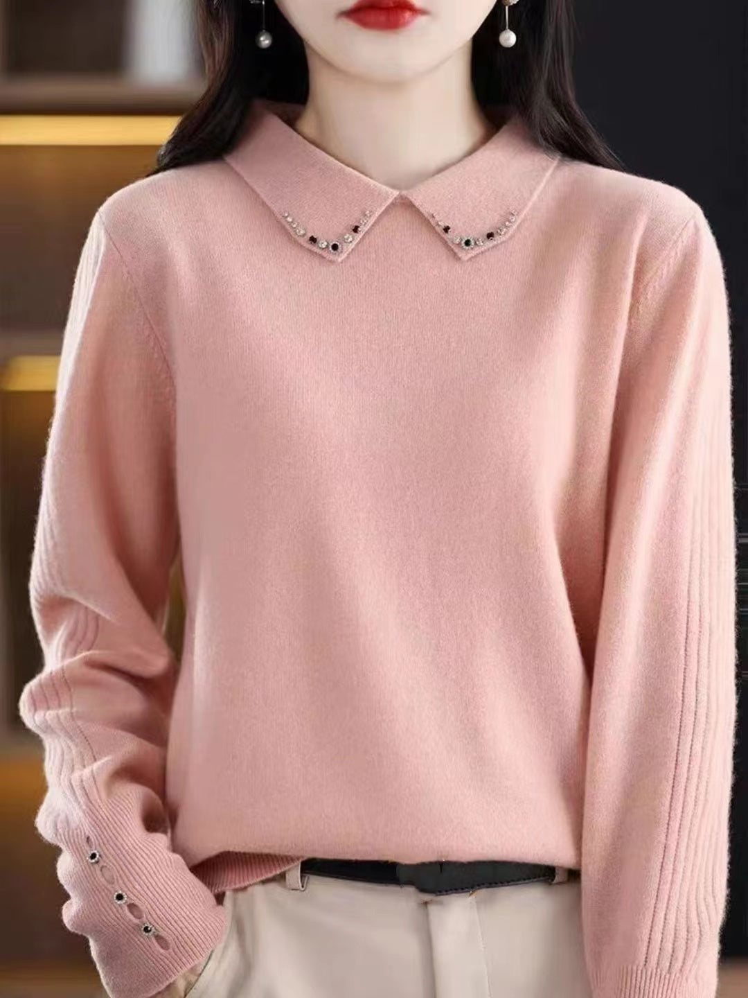 Lapel Beaded Button Sweater