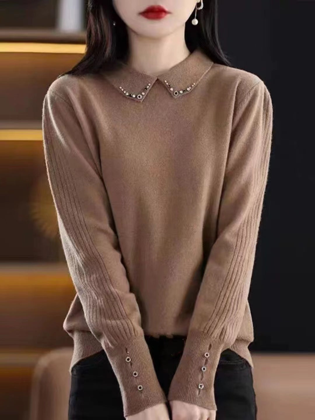Lapel Beaded Button Sweater
