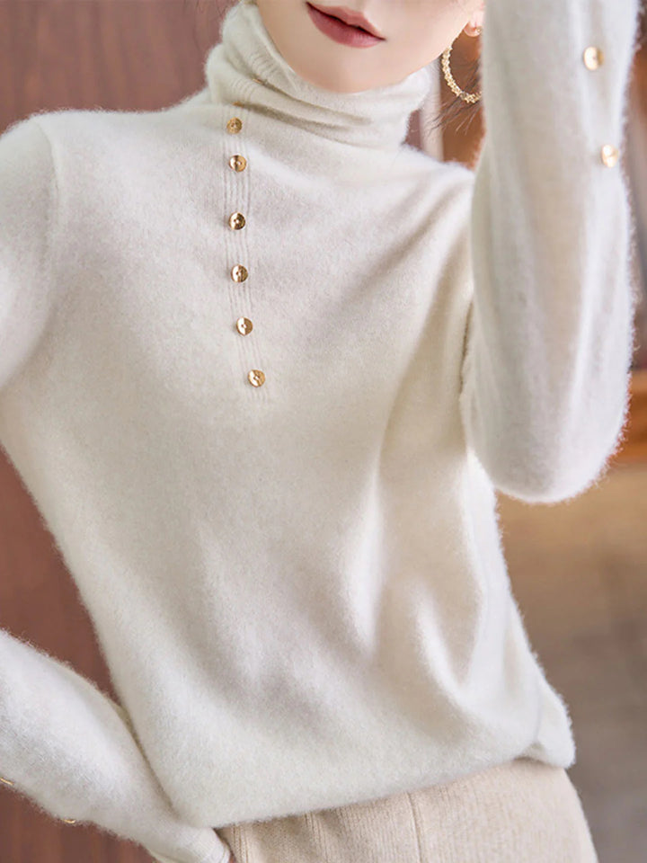 Vintage Buttoned Turtleneck Knitted Sweater - Blue