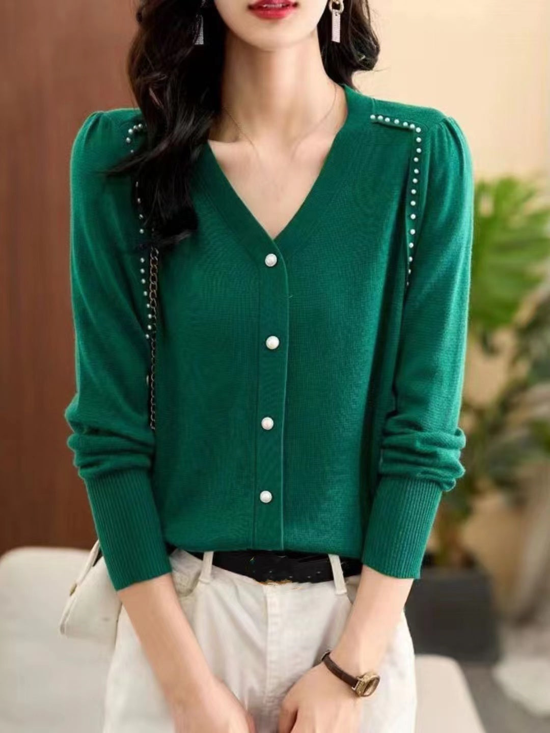 Loose V-Neck Button Knitted Top