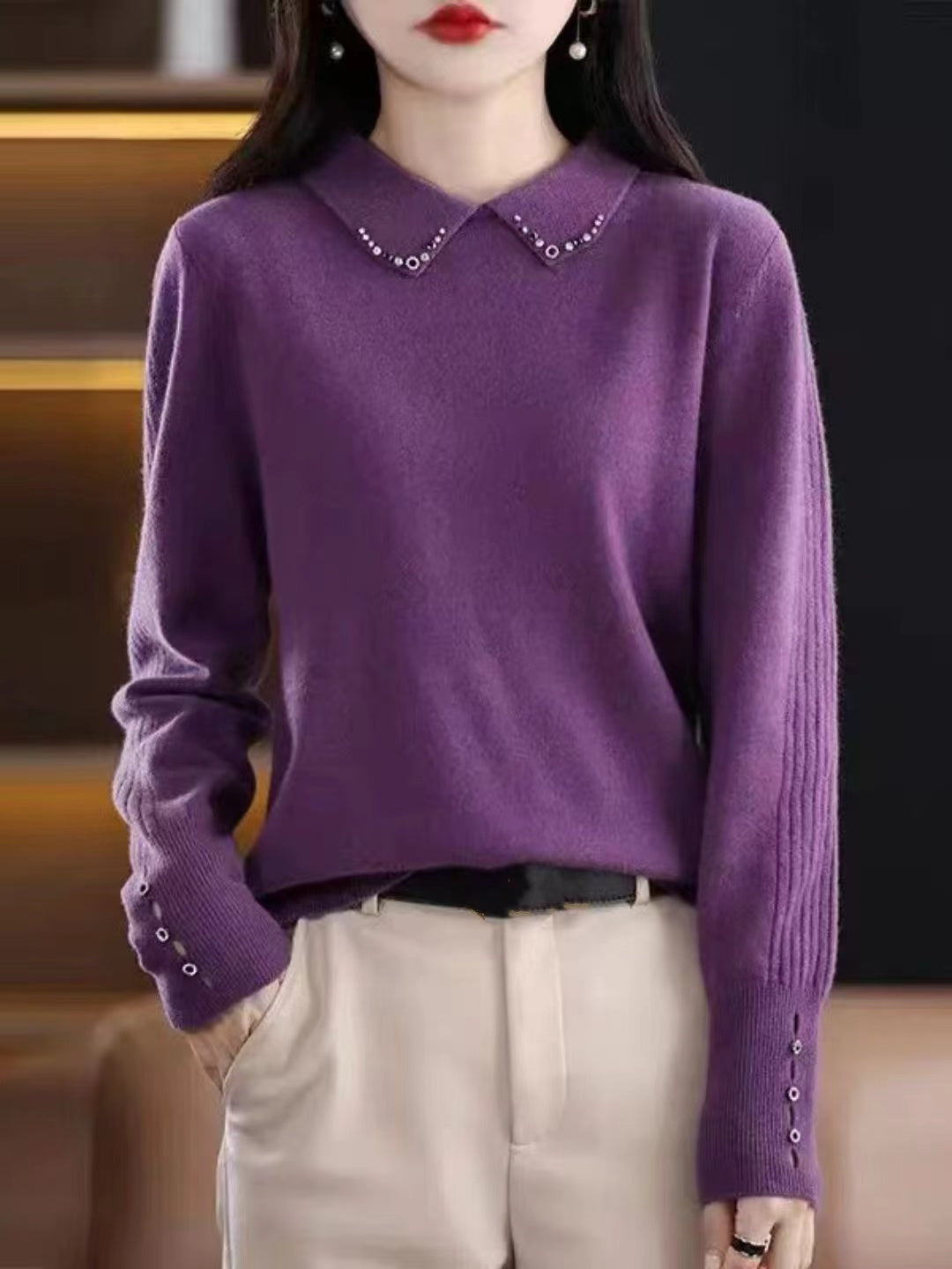 Lapel Beaded Button Sweater