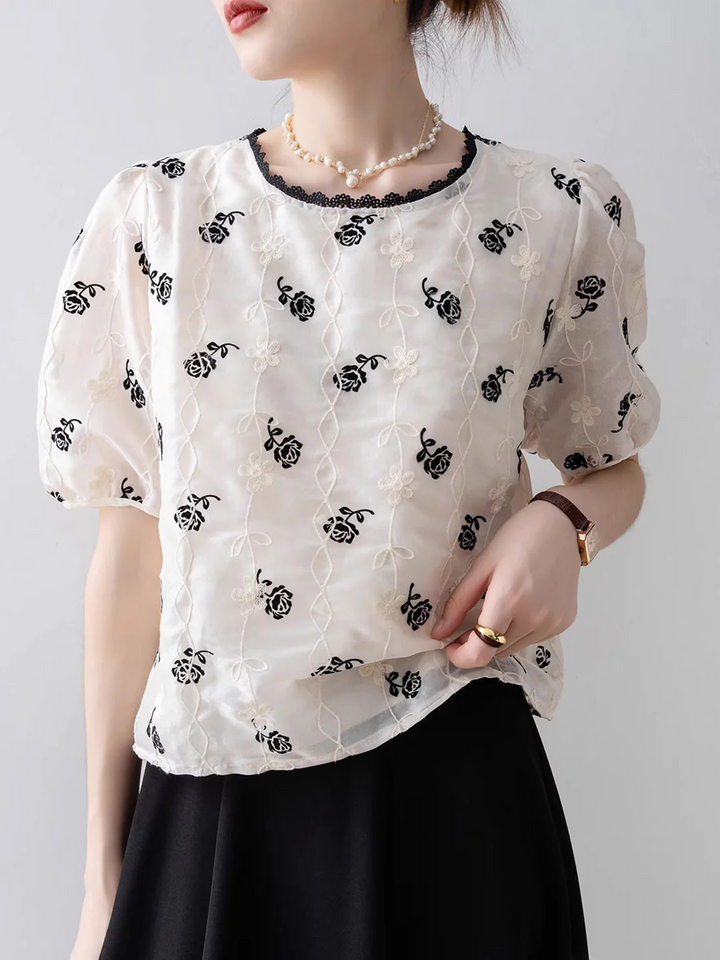 Vintage Puff Sleeve Embroidered Chiffon Top