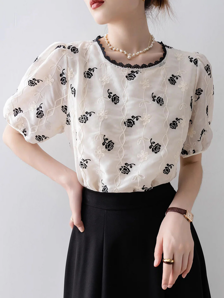 Vintage Puff Sleeve Embroidered Chiffon Top