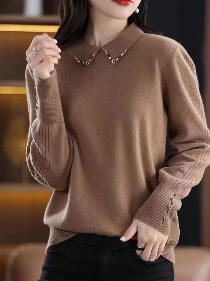 Lapel Beaded Button Sweater