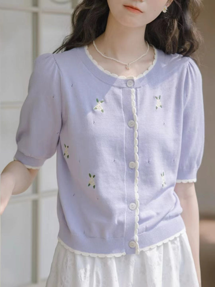 Contrast Color Crew Neck Embroidered Shirt