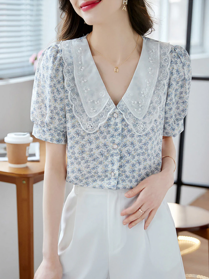 Classic Floral Printed Beaded Chiffon Shirt -Pink