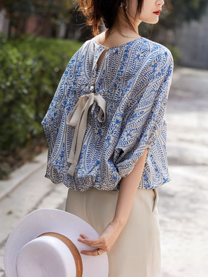 Casual Back Bow Printed Blouse - Red