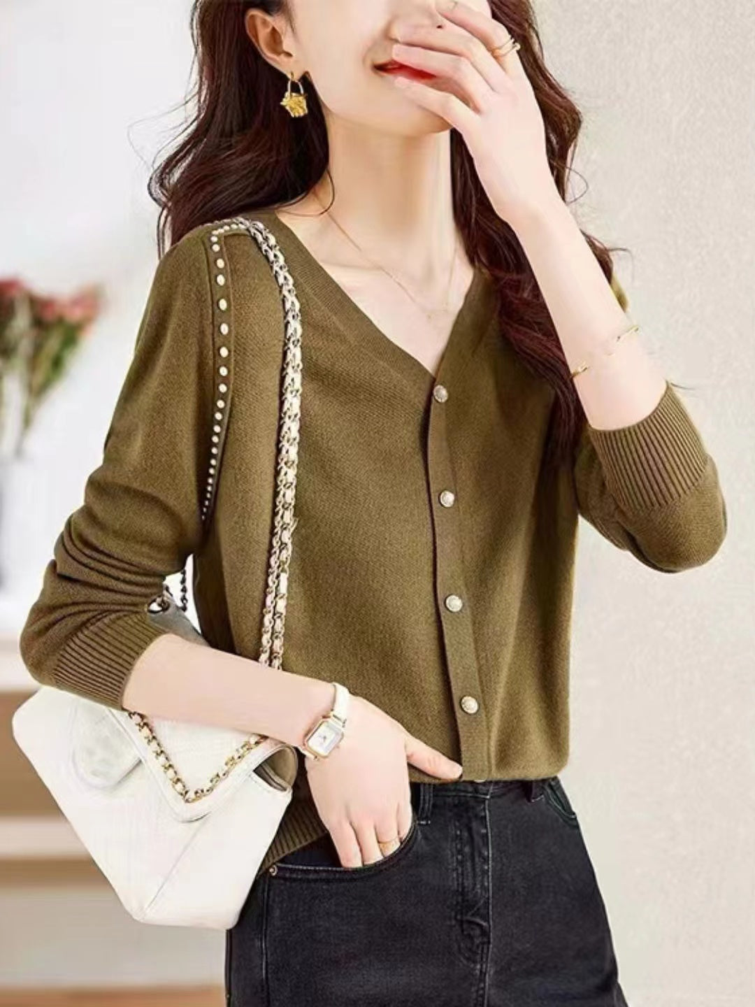 Loose V-Neck Button Knitted Top