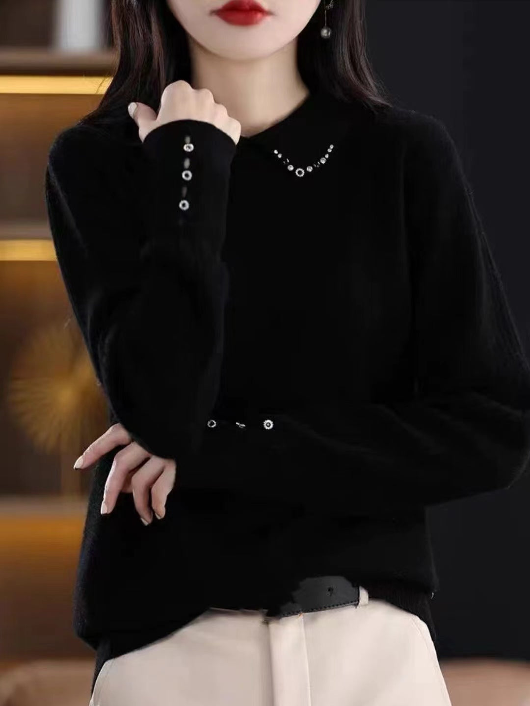 Lapel Beaded Button Sweater