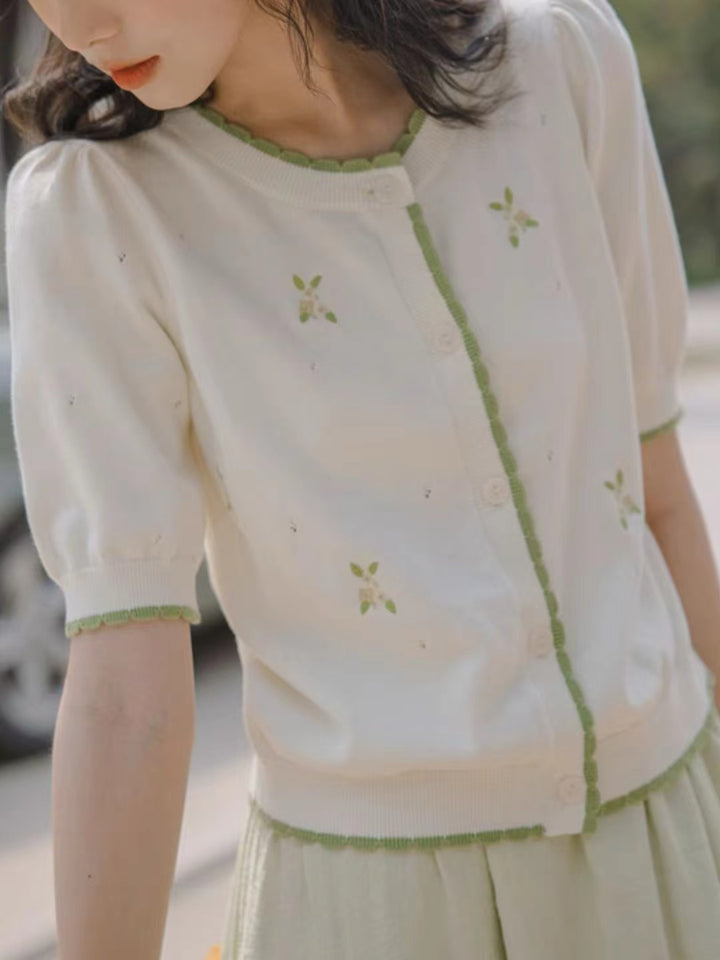 Contrast Color Crew Neck Embroidered Shirt