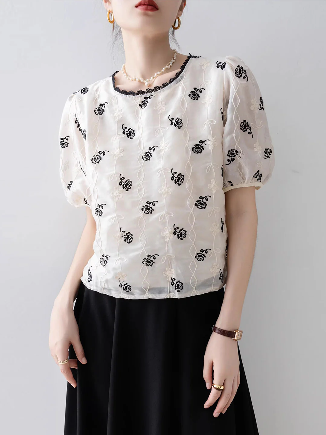 Vintage Puff Sleeve Embroidered Chiffon Top
