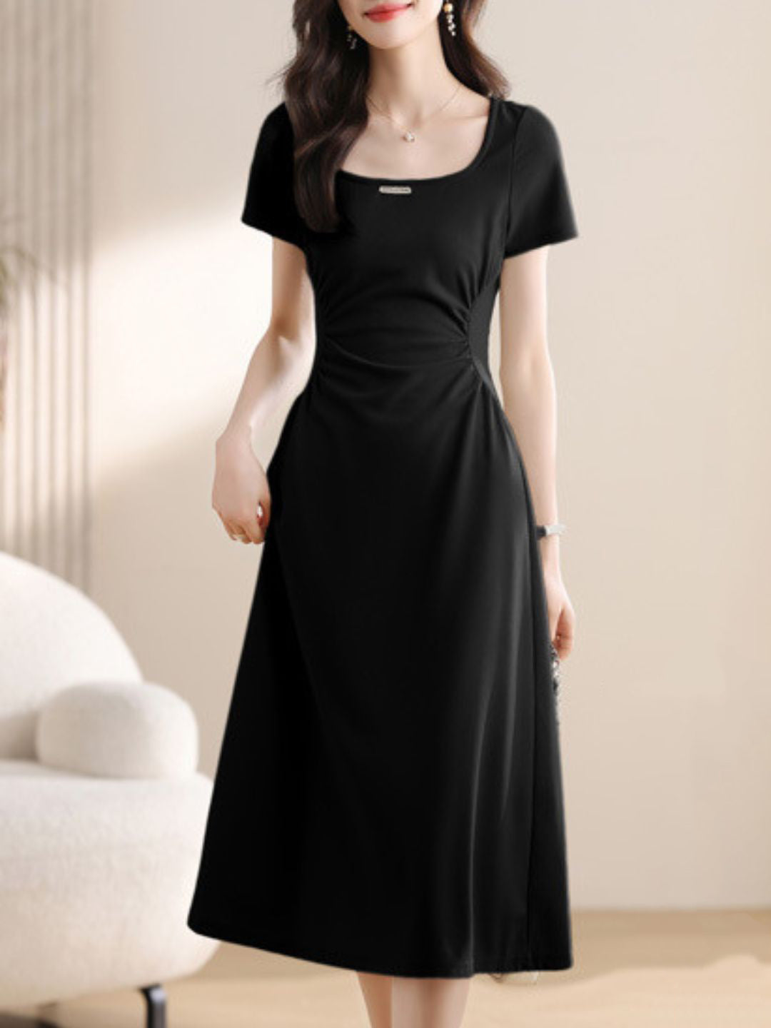 Solid Color Square Neck Dress