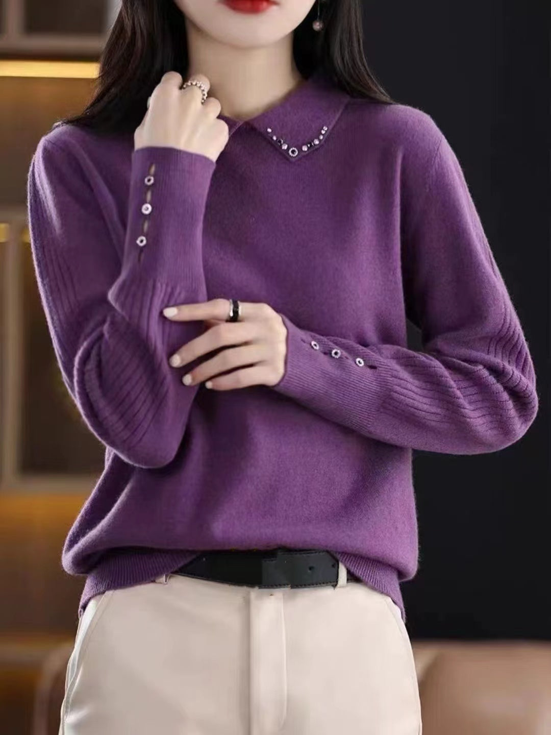 Lapel Beaded Button Sweater
