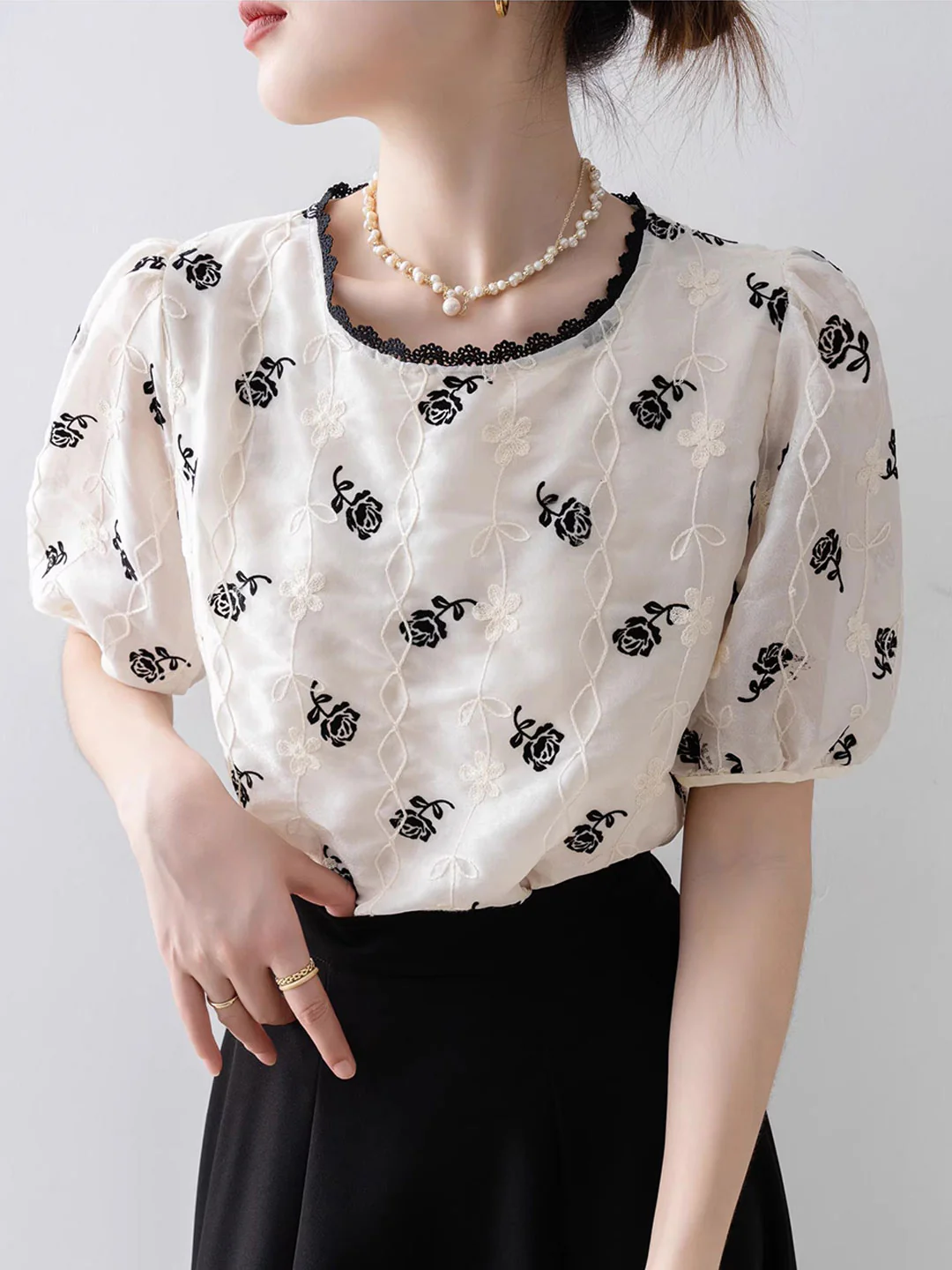 Vintage Puff Sleeve Embroidered Chiffon Top