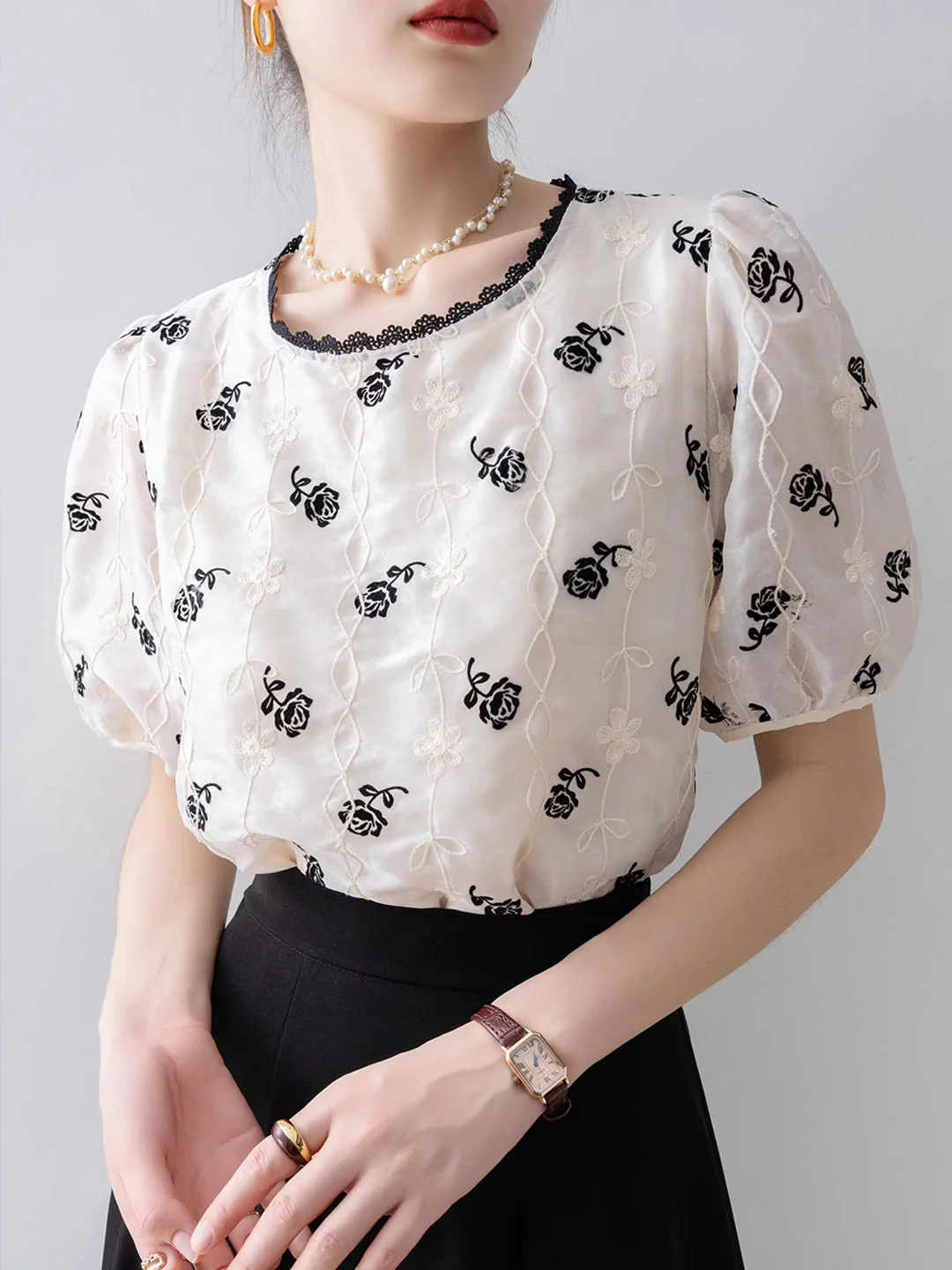 Vintage Puff Sleeve Embroidered Chiffon Top
