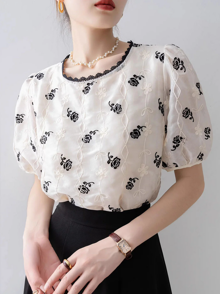 Vintage Puff Sleeve Embroidered Chiffon Top