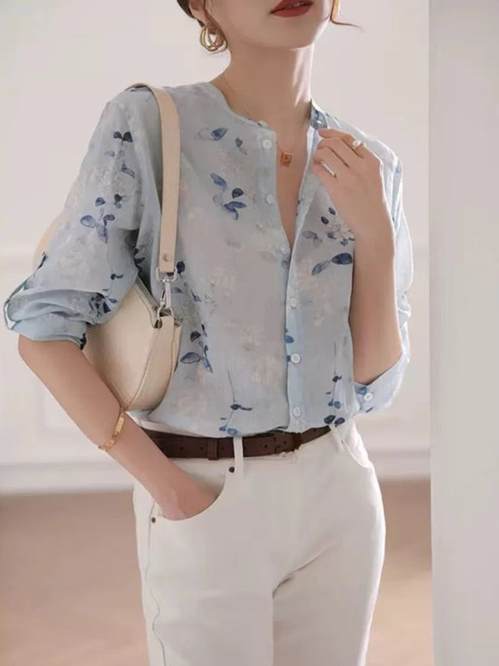 Chiffon Cotton and Linen Blue Floral Shirt
