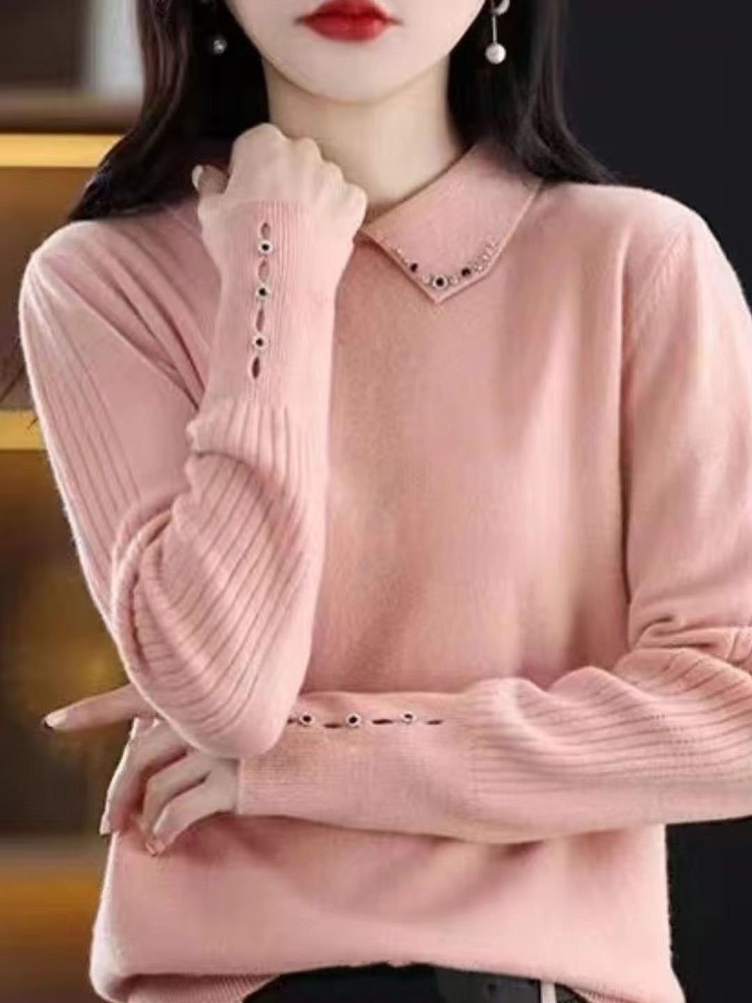 Lapel Beaded Button Sweater
